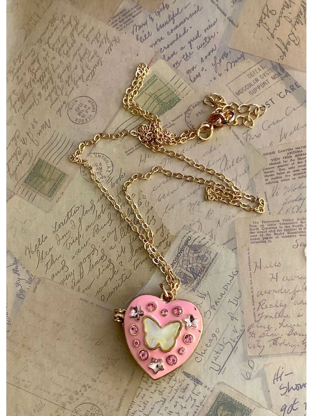 Cute Pink Heart Locket Necklace with Butterfly & Sparkling Stars